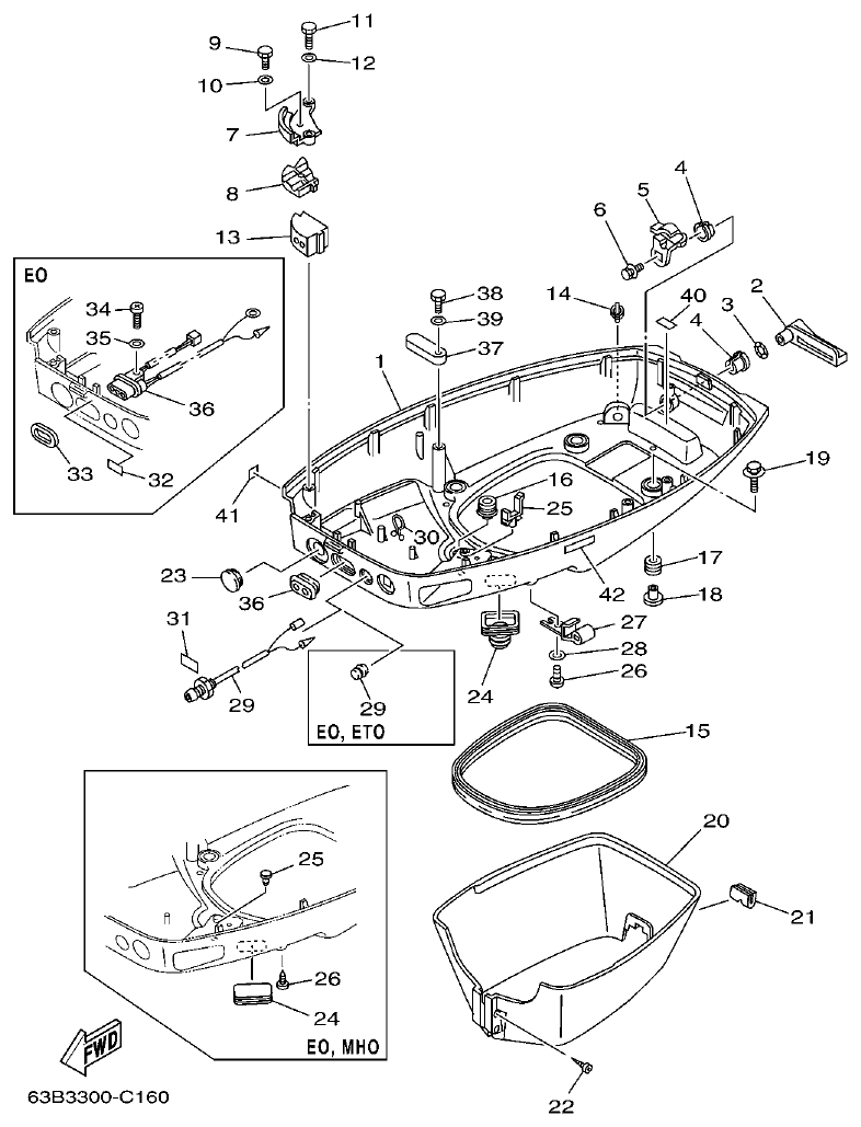 Yamaha 40VMHO, 40VEO, 40YETO BOTTOM COWLING parts diagram
